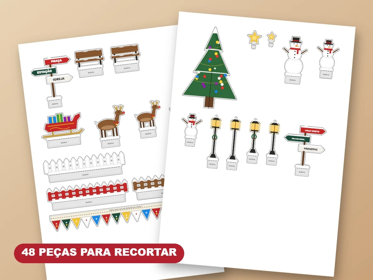 Folhas do Kit de Decoração Natalina com pinheiros, bonecos de neve, postes e renas